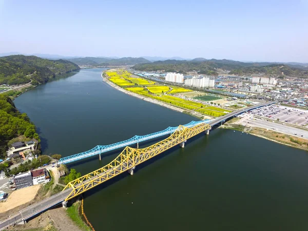 Letecký pohled na Yuchae Canola Flower Festival v Namji, Changnyeong, Jižní Korea — Stock fotografie