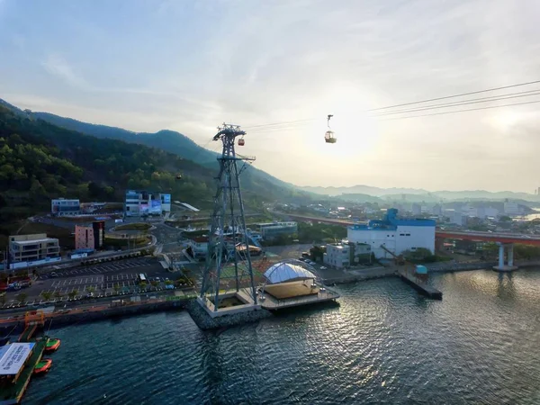 Aerial View of Sacheon Cable Car at Sunrise, Sacheon, Gyeongnam, South Korea. — 스톡 사진