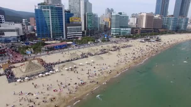 Flygfoto Över Haeundae Beach Sand Festival Busan Sydkorea Asien — Stockvideo
