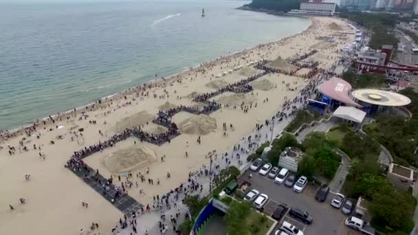 Flygfoto Över Haeundae Beach Sand Festival Busan Sydkorea Asien — Stockvideo
