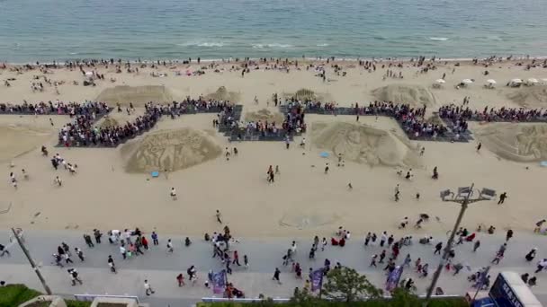 Luchtfoto Van Haeundae Beach Sand Festival Busan Zuid Korea Azië — Stockvideo