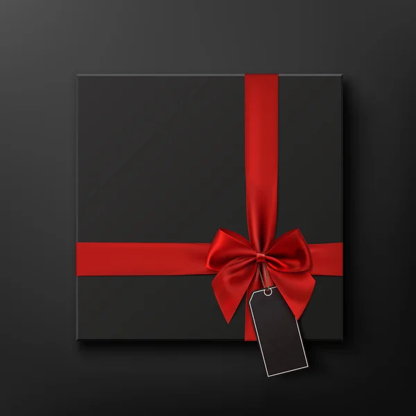 Kırmızı kurdele ve fiyat etiketi boş, siyah hediye kutusu. — Stok Vektör