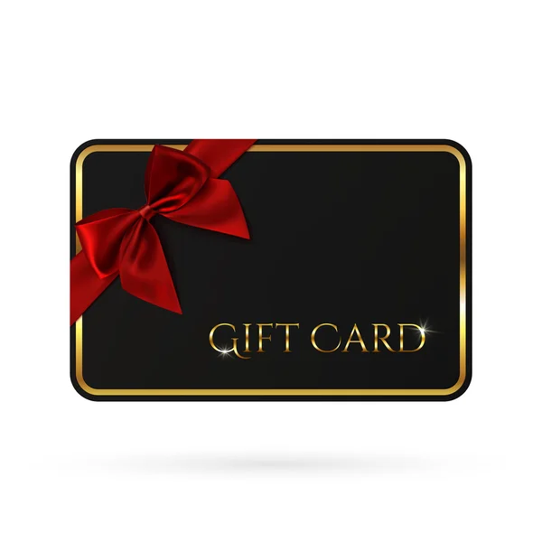 Black gift card template with red ribbon and a bow. — Stock Vector