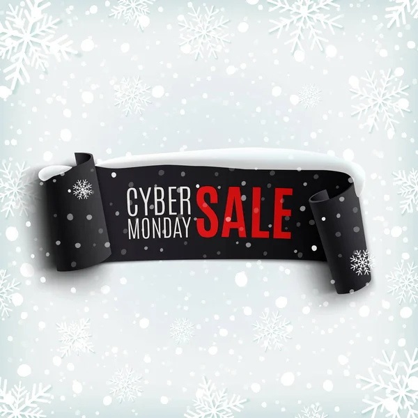 Cyber Monday sale background with black realistic ribbon. — Stock Vector