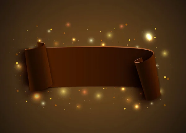 Ruban courbé réaliste sur fond brun avec des particules de lumière . — Image vectorielle