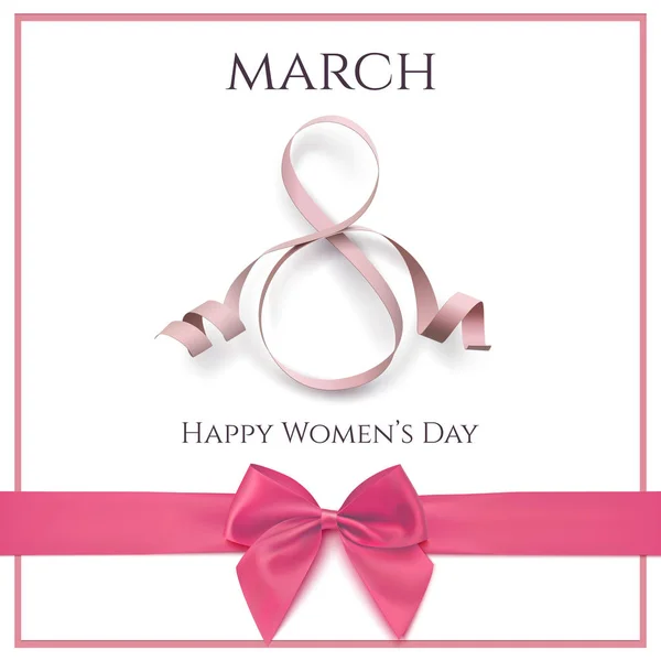 8 mars mall för gratulationskort med rosa band och en rosett. — Stock vektor