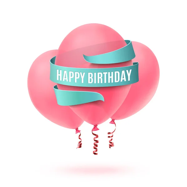 Happy Birthday written on blue ribbon with three pink balloons. — Stock Vector