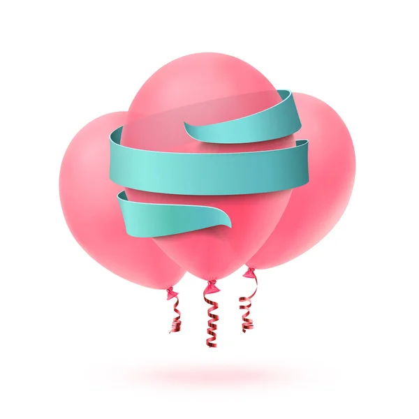 Three pink balloons isolated with blue ribbon on white. — Stock Vector