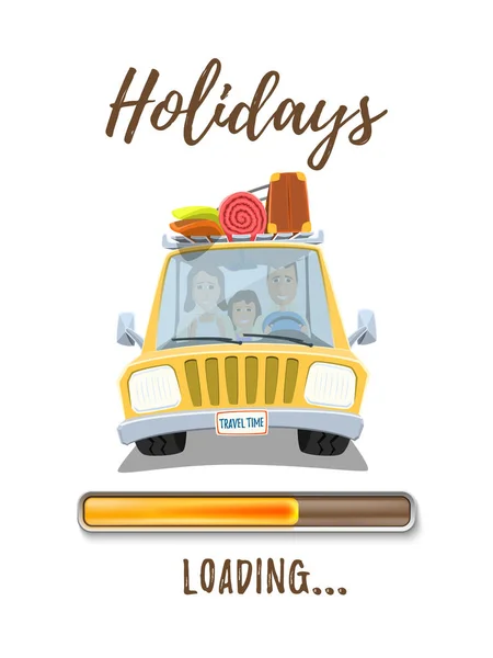 Holidays loading poster template with car and happy family. — Stock Vector