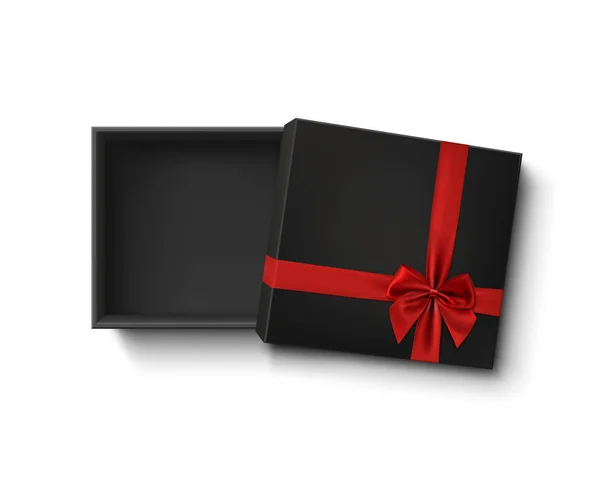 Открытая черная пустая подарочная коробка с красной лентой и луком . — стоковый вектор
