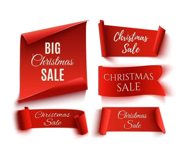 Conjunto de cinco banners de papel realistas de venda de Natal vermelho . — Vetor de Stock