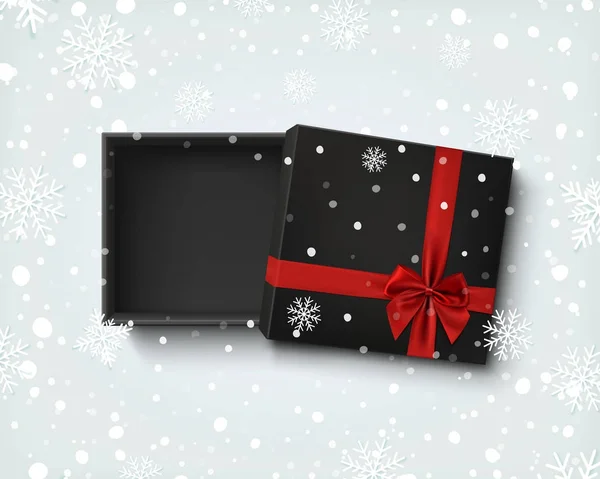 लाल रिबन और धनुष के साथ काले खाली उपहार बॉक्स खोला . — स्टॉक वेक्टर