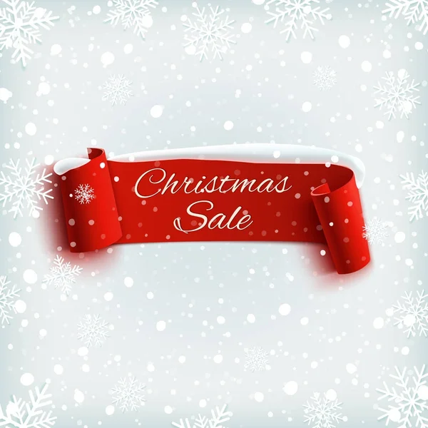 Рождественская распродажа, красная реалистичная бумажная лента на зимнем фоне . — стоковый вектор
