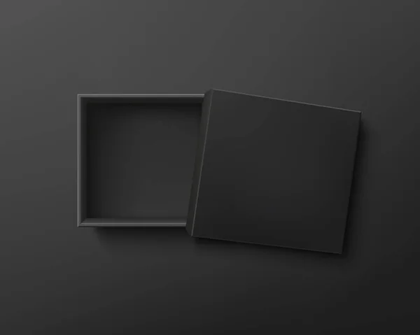 Geöffnete schwarze leere Geschenkbox auf dunklem Hintergrund. — Stockvektor
