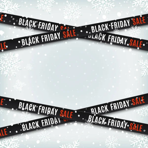 Black friday sale banners. Warning tapes, ribbons on winter background. — Stock Vector