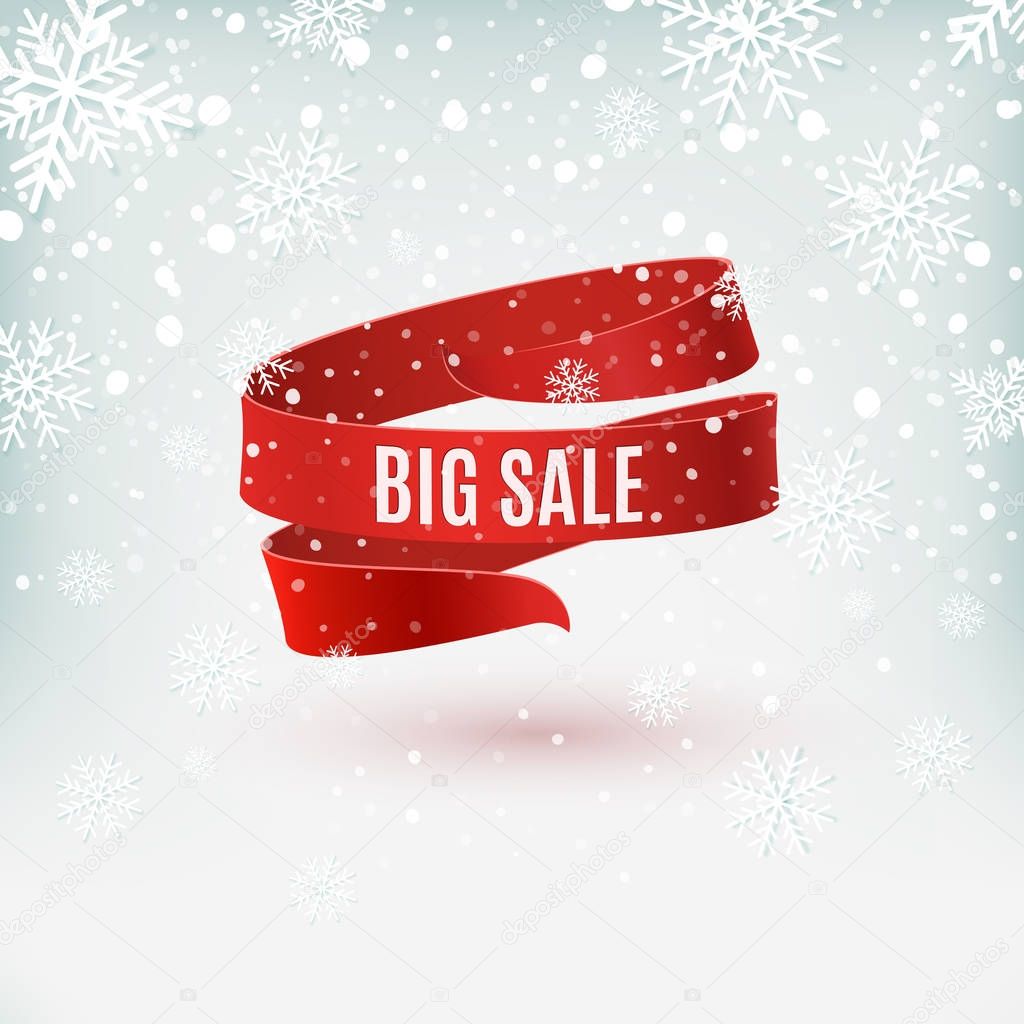 Big sale. Red ribbon on winter background with snow and snowflakes. Brochure, poster or flyer template. Vector illustration.
