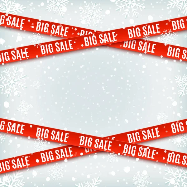 Big sale red banners. Set of warning tapes, ribbons on winter background. — Stock Vector