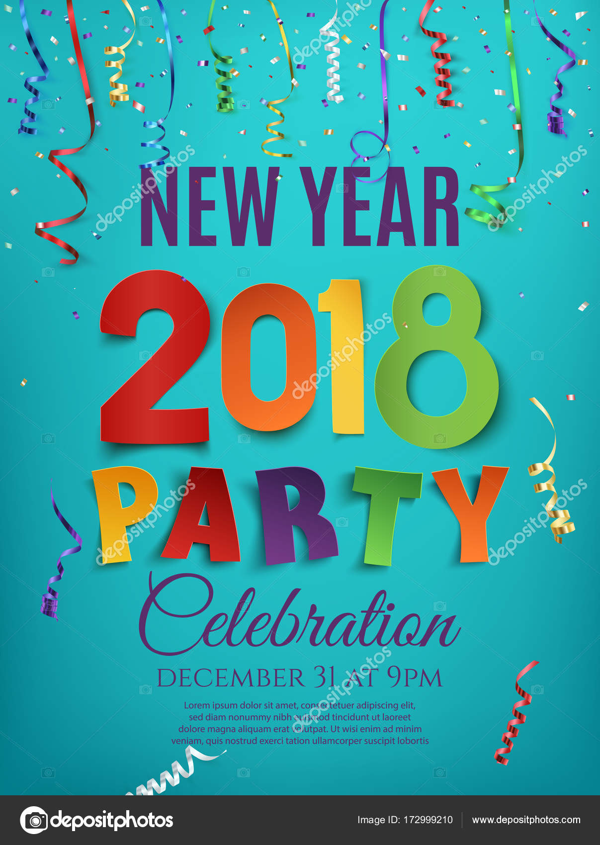 New Year 2018 Party Poster Design Template With Confetti And Colorful Ribbons On Blue Background Vector Illustration By Aleksandrsb New Year 2018 Party Poster Design Template With Confetti And Colorful Ribbons On Blue Background Vector Illustration By Aleksandrsb