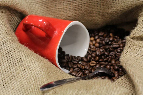 Bir juta çanta ile kırmızı kahve kupa ve çay kaşığı kahve fasulye