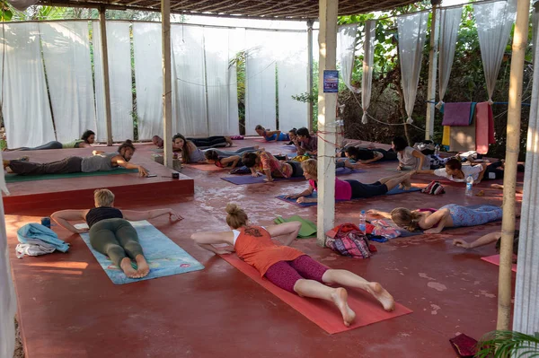 As pessoas fazem ioga - não muito longe da praia sob um dossel — Fotografia de Stock