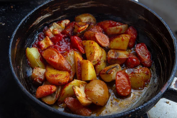 Gefrituurde Groenten Aardappelen Wortelen Champignons Pan — Stockfoto