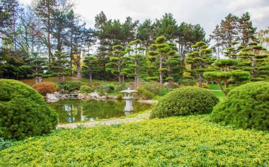 Dusseldorf, Almanya 'nın Kuzey PArk' ındaki Japon bahçesi. Idyllic güneşli gün ve bulutlar - görkemli (biraz dramatik)