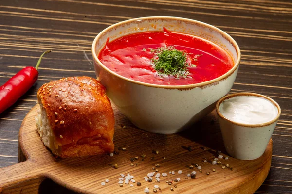 Borsch Soup Russian Ukrainian Cuisine Beets Meat Also Sour Cream — Stock Photo, Image