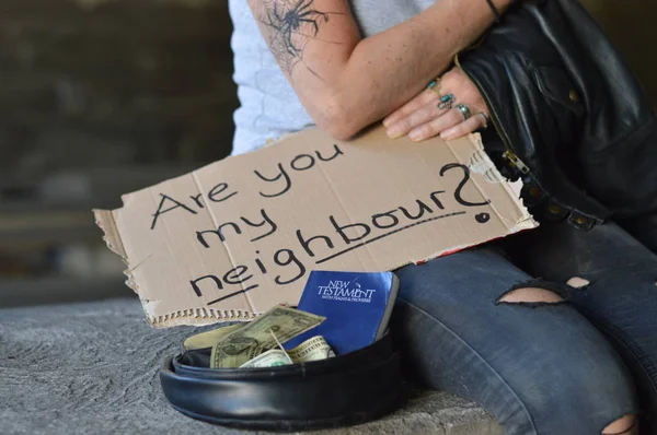 Homeless Tattooed Person Bible Her Collecting Cap Begging Money Holding — Stock Photo, Image