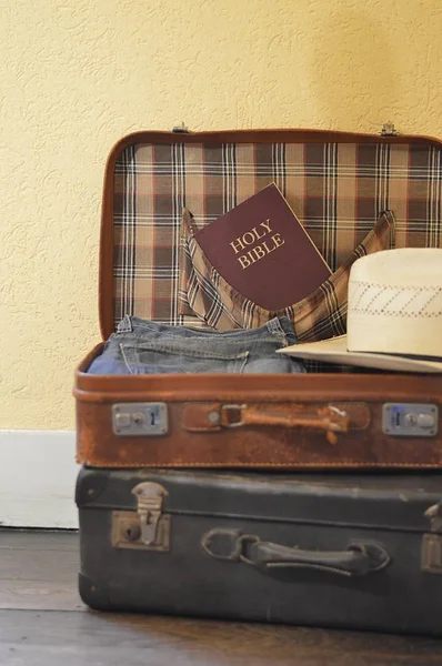 Suitcase Filled Clothes Hat Bible Mission Journey — Stock Photo, Image