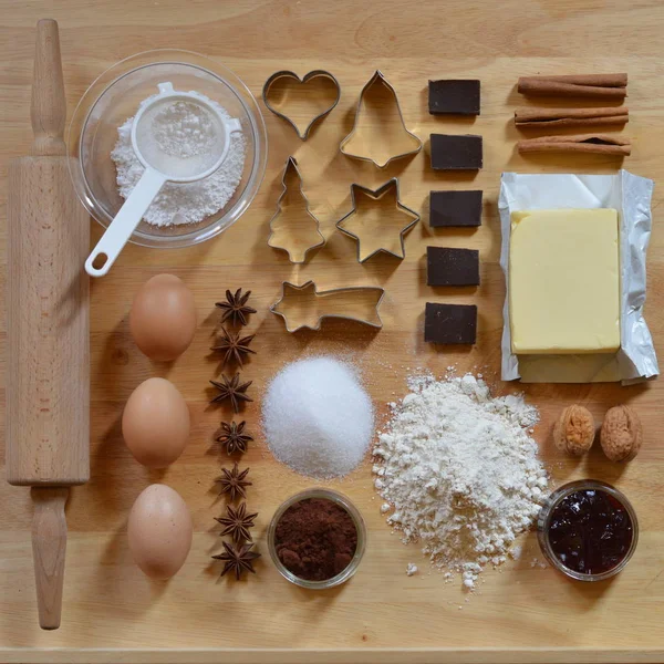 Flat Lay Christmas Cookies Baking Ingredients Square — Stock Photo, Image