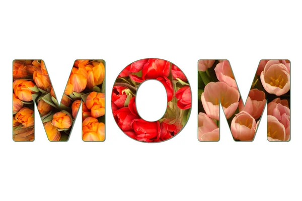 Las Letras Mom Cortadas Diferentes Tulipanes Rojo Naranja Rosa Para — Foto de Stock