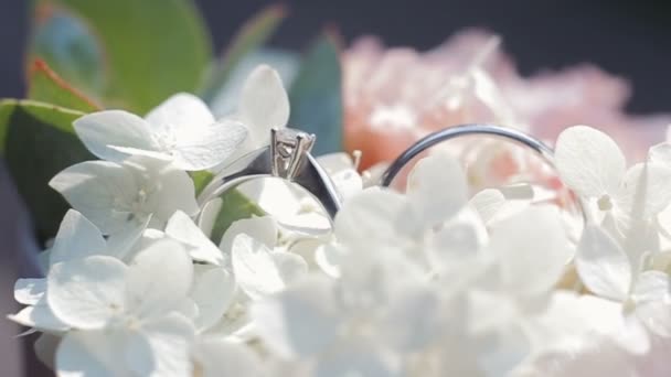 Beyaz buket düğün halkalar. Kompozisyon alyans ve buket beyaz ve pembe çiçek yeşil yaprakları ile döner. Yakın çekim. — Stok video