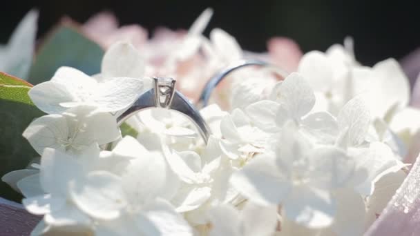 Trouwringen op een boeket van witte bloemen. Roterende samenstelling van trouwringen en boeket van witte en roze bloemen met groene bladeren. Close-up. — Stockvideo