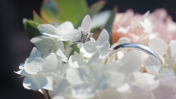 Anneaux de mariage sur un bouquet de fleurs blanches. Composition rotative des alliances et bouquet de fleurs blanches et roses avec des feuilles vertes. Gros plan . — Video