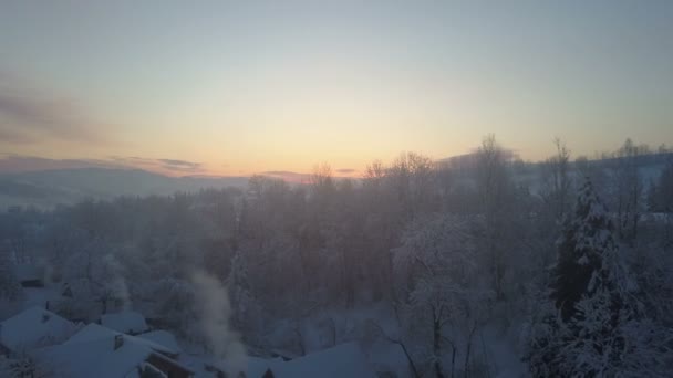 Antenn - flygning över rökning skorstenen ovanför byn i en vintersäsong. Aerial nordiska vinter landskap flygning över snö bergskog och fält som är täckt med snö på soluppgången. — Stockvideo