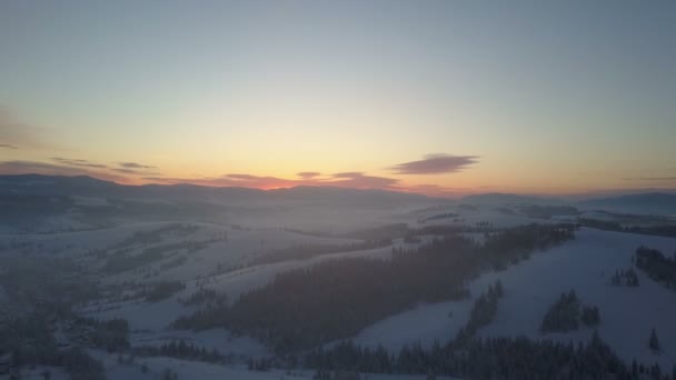 Luchtfoto Noordse winterlandschap vlucht over sneeuw bergbos op zonsopgang. Winter drone-vlucht over de bergen door een mist. — Stockvideo
