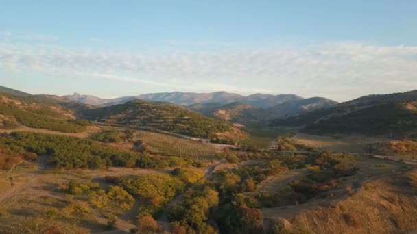 Vuelo sobre la orilla del mar y montañas al amanecer. Aerial drone shot of beautiful morning on a Black sea shore . — Vídeo de stock