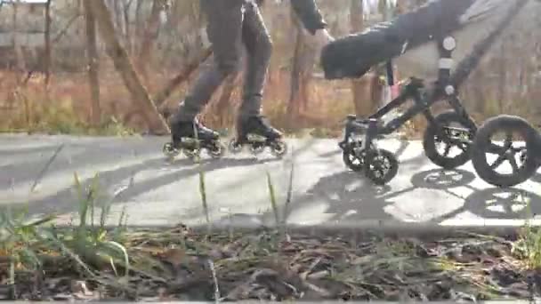 Sport giovane famiglia attiva pattini a rotelle con il loro bambino in passeggino in accogliente soleggiato parco autunnale. Vista da vicino, rallentatore. Papà cavalca all'indietro sui pattini . — Video Stock