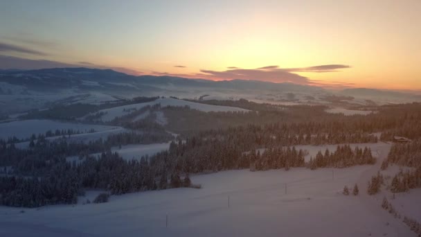Flight over Carpathian mountains in winter at sunrise. Rural landscape in winter from a height. Aerial view of a snow-covered mountains. — Stock Video