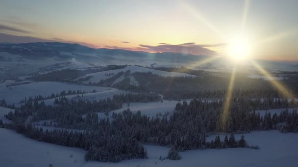 Vlucht over de Karpaten in de winter bij zonsopgang. Landelijk landschap in de winter vanaf een hoogte. Luchtfoto van een besneeuwd bergdorp. — Stockvideo