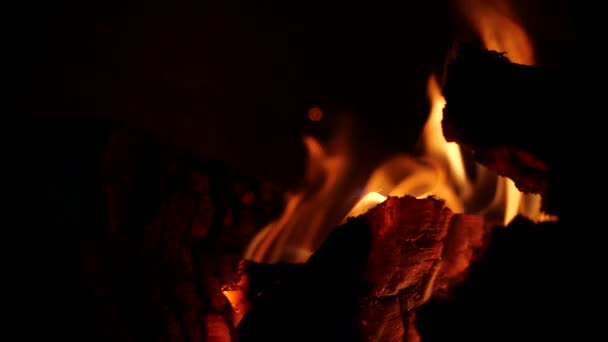 Feuer in einem gemauerten Kamin. Holz und Glut im Kamin. Ofen mit mittelgroßen Flammen. Zeitlupe der Feuerflammen. Nahaufnahme von warmem, brennendem Feuer. — Stockvideo