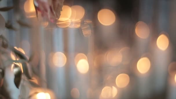 Decoración de rosas sobre un fondo borroso del resplandor de las luces de las velas encendidas. Elegante, decoración de noche preparada para unas vacaciones de lujo, año nuevo. Decorado para la boda con flores . — Vídeo de stock