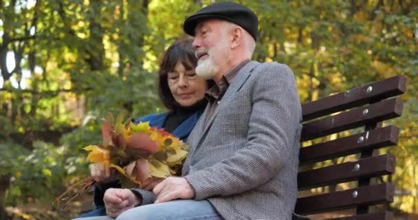 Heureuse famille âgée passe ses loisirs assis sur un banc dans l'air frais d'un parc de la ville d'automne. La femme caresse son mari avec un bouquet de feuilles d'automne. Rassemblement dans la rue au ralenti . — Video