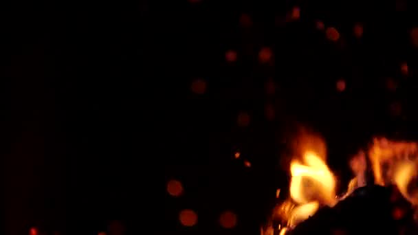 Yanan Ahşap. Ev şöminesinde yanan ateş. Ağır çekim. Geceleri kamp ateşinde alevler. Izgarada odun ve duman yavaş yavaş yanar.. — Stok video