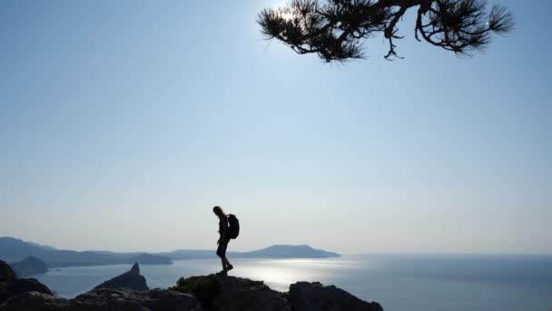 美しい青い空に対して海の上の山の上に立って彼女の手を上げるバックパックを持つ若いインスピレーションを受けた女性のシルエット。山頂に立つ幸せなハイカーの女性. — ストック動画