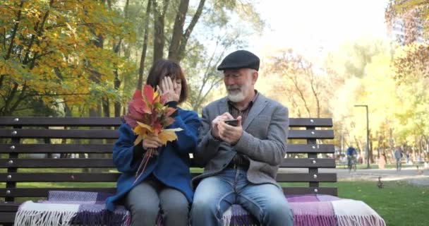 A feleség és a férj egy padon ülnek egy hangulatos őszi parkban, és képeket böngésznek egy okostelefonon. Páran használják az internetet. Egy szakállas férfi ránéz a telefonra a feleségével lassított felvételen.. — Stock videók