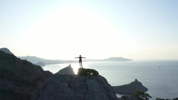 Drone vue aérienne de Jeune femme active debout sur le sommet avec les bras tendus au lever du soleil. Vol dynamique autour d'une fille debout au sommet d'une montagne au-dessus de la mer au lever du soleil. Madame. — Video