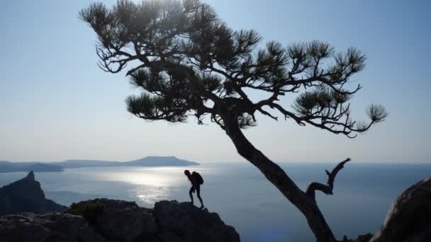 Mujer conquista una roca enorme y alta con una mochila en el fondo de un hermoso y brillante sol y el mar en cámara lenta. Chica deportiva entra en el turismo deportivo, sube montañas y disfruta de la naturaleza . — Vídeos de Stock