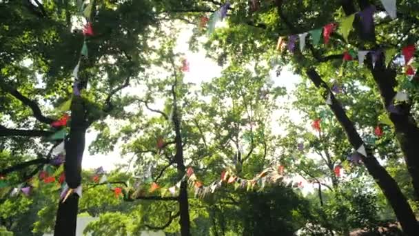 Feestelijke slinger van veelkleurige papieren vlaggen voor de vakantie. Landschap voor een kinderfeestje. Decoratie op de natuur tegen de achtergrond van bomen. Bunting banner - kleurrijke vlaggen van vellen. — Stockvideo