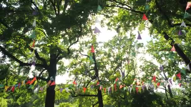 Slavnostní věnce pestrobarevných papírových vlajek na dovolenou. Krajina pro dětskou narozeninovou oslavu. Dekorace na přírodu na pozadí stromů. Bunting banner - barevné vlajky z listů. — Stock video